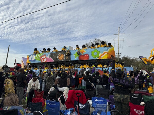 A Krewe of Zulu float passes through on Mardi Gras Day in New Orleans, Tuesday, March 4, 2025. (AP Photo/Jack Brook)
