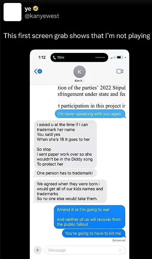 Kanye shares text 'war' with Kim Kardashian over daughter North's feature  on new song with Diddy | rova