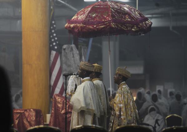Church leaders chant during the hours-long service in the Ge'ez language at Re'ese Adbarat Debre Selam Kidist Mariam Church, an Ethiopian Orthodox Tewahedo church, in Washington, D.C., Saturday, April 5, 2025. (AP Photo/Jessie Wardarski)