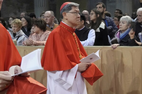 Cardinal Luis Tagle appears in the Basilica of Santa Sabina in Rome for the liturgy of the ashes presided over by Pope Francis on Ash Wednesday on Feb. 14, 2024. (AP Photo/Gregorio Borgia, FIle)