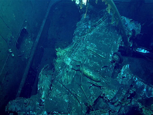 At least three planes were located within the aft Elevator #3 of USS Yorktown during the dive on April 20, including an overturned SBD Dauntless that was still armed with a bomb mounted to the underside of the aircraft's fuselage. NOAA Ocean Exploration