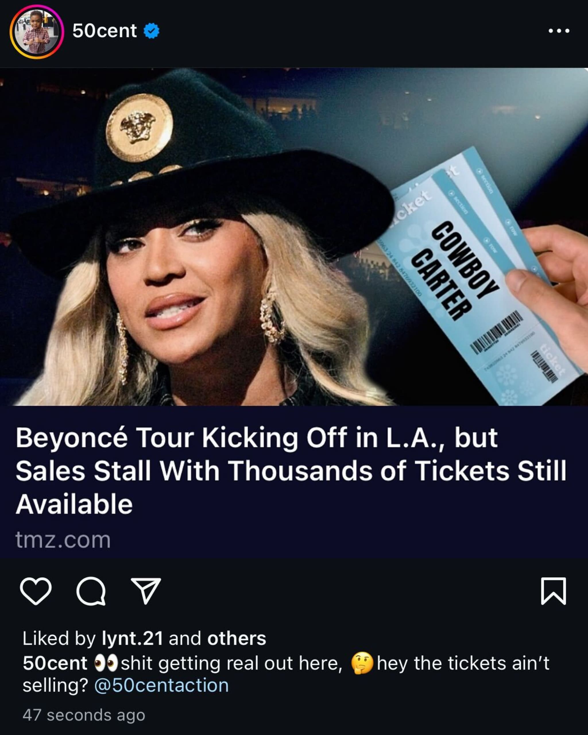 Beyoncé wearing a cowboy hat, holding concert tickets. Text discusses her tour and ticket sales. 50 Cent's Instagram post.