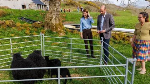 PA Media William and Kate looking into a pen of black sheep with croft owner Jeanette Lynn standing nearby. There are hills and a house in the background along with children