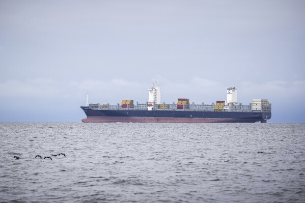 A shipping vessel crosses waters near Channel Islands, Calif., Thursday, May 1, 2025. (AP Photo/Annika Hammerschlag)