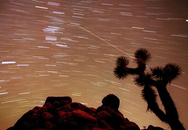 A meteor streaks through the sky over Joshua trees and rocks at Joshua Tree National Park in Southern California's Mojave Desert in this 30-minute time exposure ending at 1:15 a.m. PST, Nov. 17, 1998. Stars moving through the sky as the Earth rotates are seen as a series of short lines across the frame. (AP Photo/Reed Saxon, File)