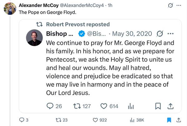 Tweet reposted by Robert Prevost from Bishop on May 30, 2020, praying for George Floyd and seeking unity, healing, and peace