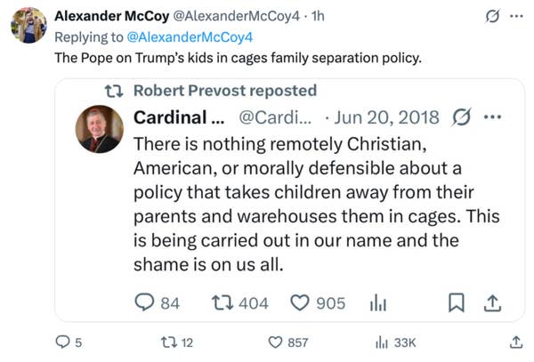 Tweet by Alexander McCoy replying to Cardinal Prevost's criticism of Trump's family separation policy, highlighting moral and ethical concerns