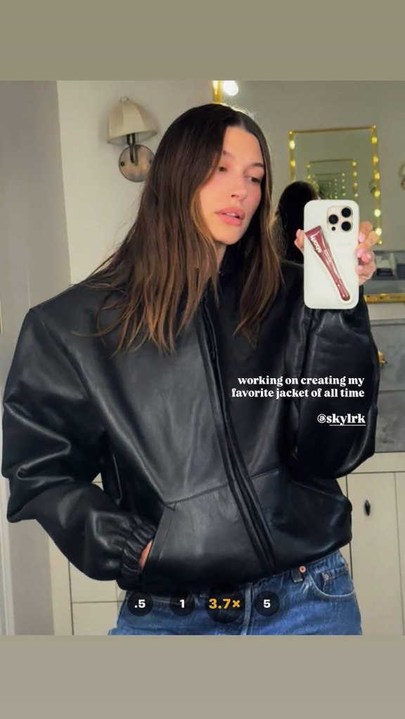Hailey Bieber leather jacket SKYLRK
