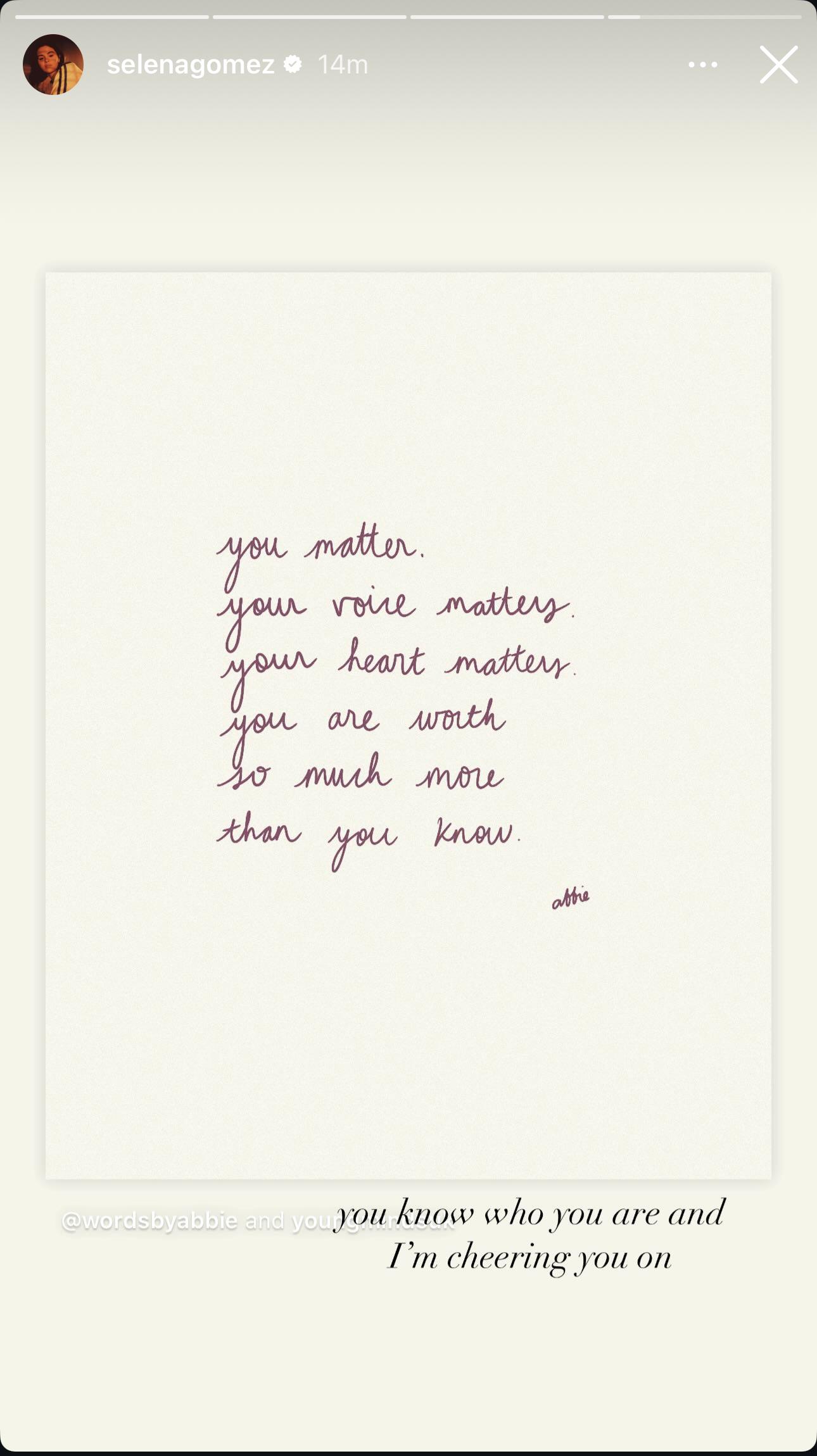 r/popculturechat - selenagomez ✪ 14m Х you matter. your voice mattey. your heart matters. you are worth so much more than you know. abbie and you you know who you are and I'm cheering you on
