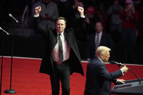Elon Musk reacts as President-elect Donald Trump speaks at a rally ahead of the 60th Presidential Inauguration, Jan. 19, 2025, in Washington. (AP Photo/Alex Brandon, File)